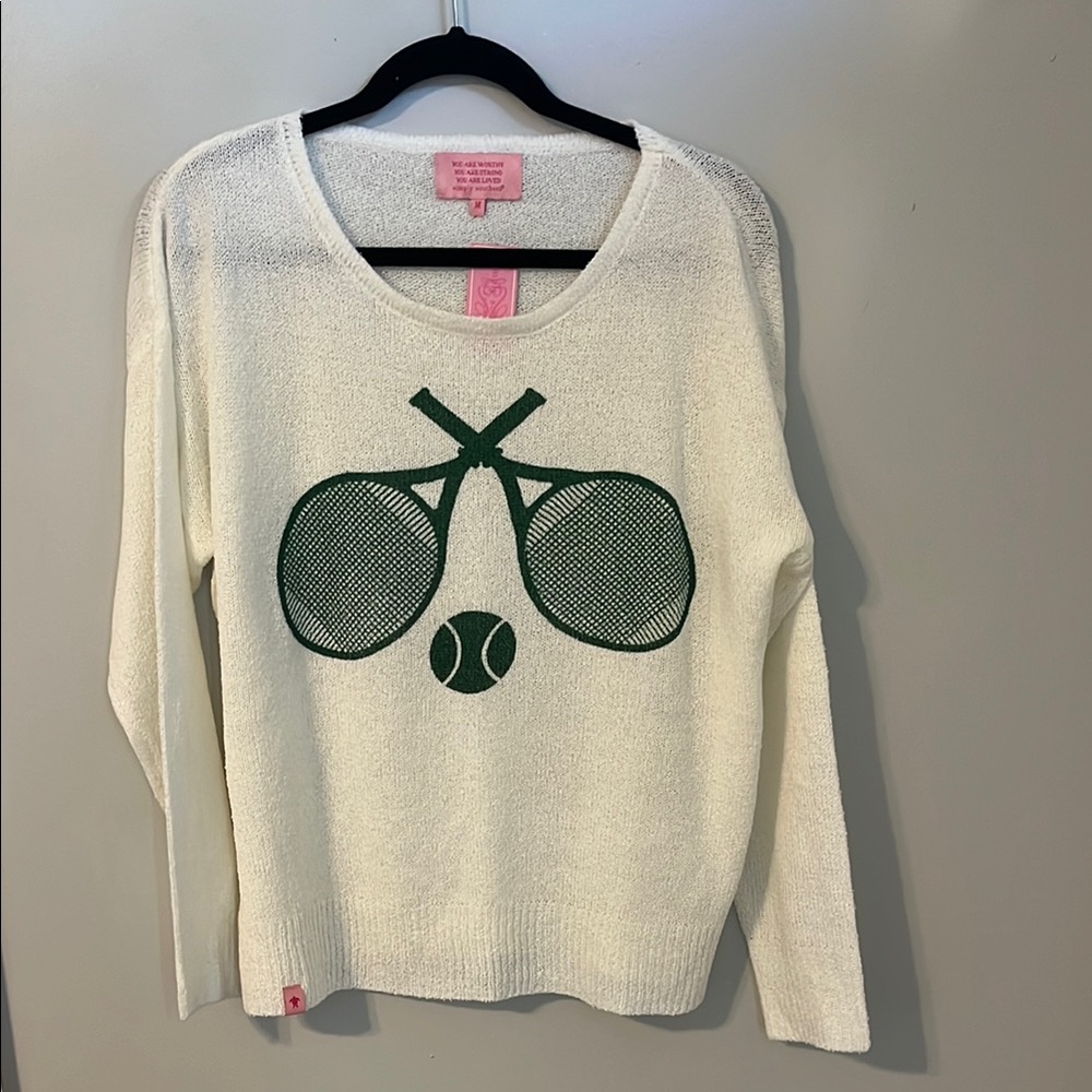 White and Green Crew Neck Sweater with Graphic Design